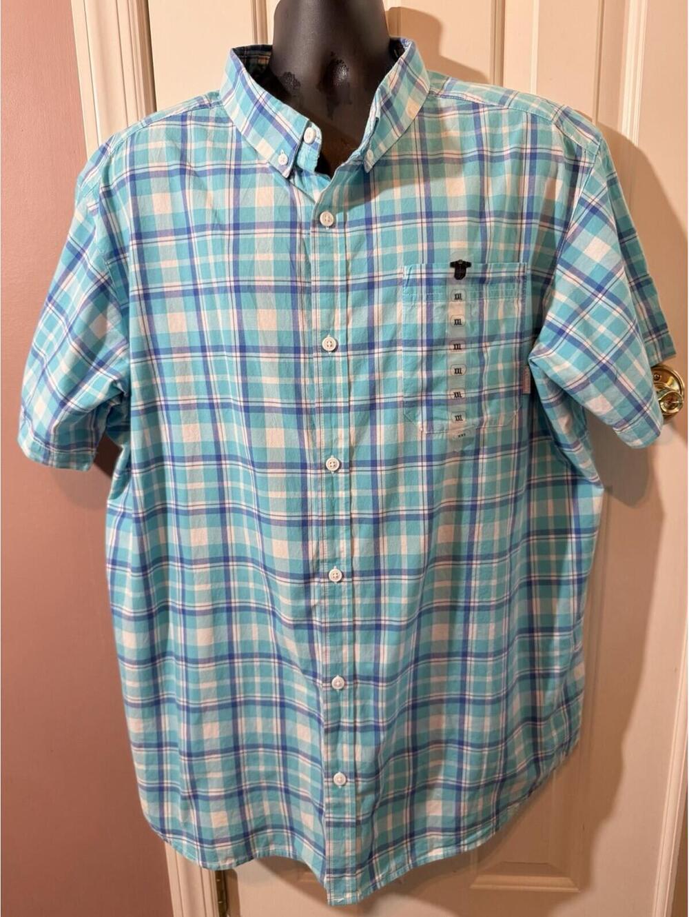 Columbia Sportswear Button Up Shirt Mens XXL Teal White Plaid Short Sleeve New